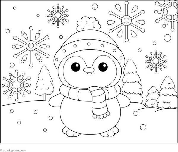 Penguin and Snowflakes Coloring Page – fun and educational printable for children