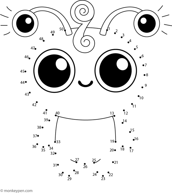 Dot-to-dot worksheet of a cartoon alien with big eyes for children to connect and color