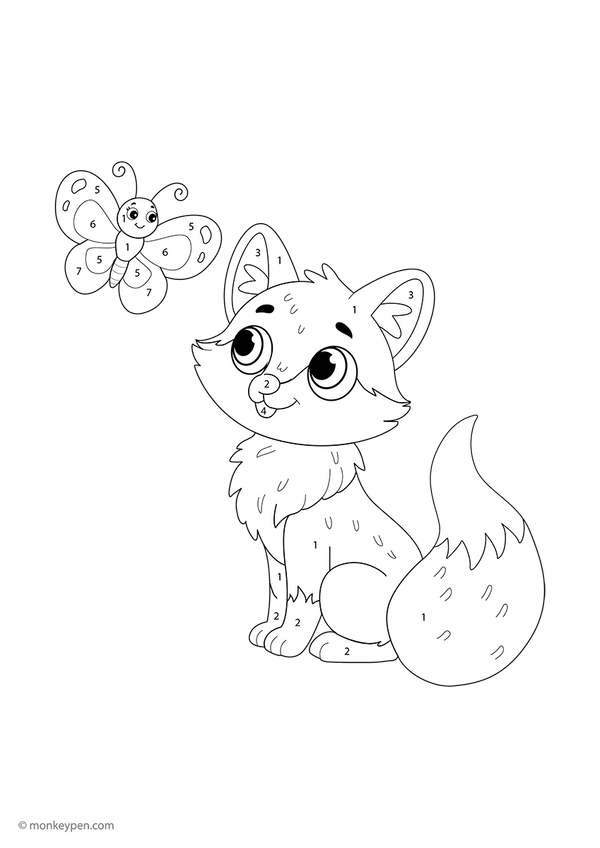 Free downloadable fox color-by-number worksheet featuring a woodland scene with numbered sections on the fox’s tail, ears, and fur—an engaging activity that helps kids learn numbers while exploring creative coloring.