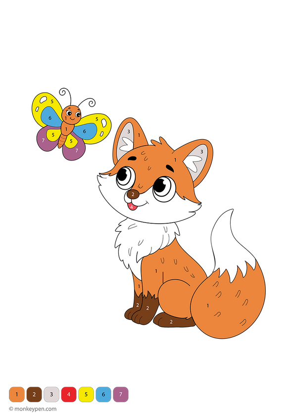 Free downloadable fox color-by-number worksheet featuring a woodland scene with numbered sections on the fox’s tail, ears, and fur—an engaging activity that helps kids learn numbers while exploring creative coloring.