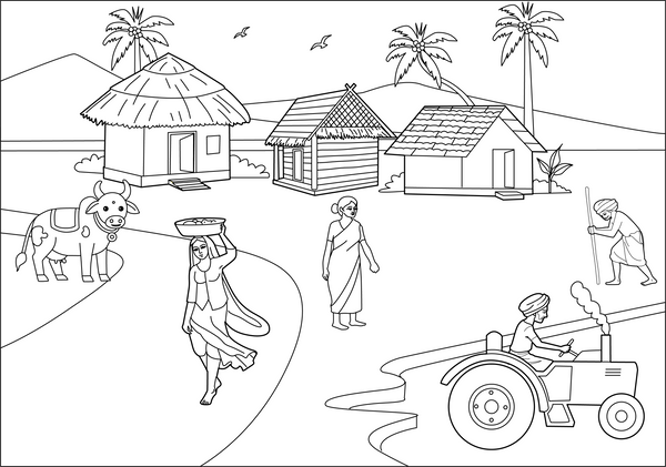 Traditional Indian Village coloring page – fun and educational printable for children