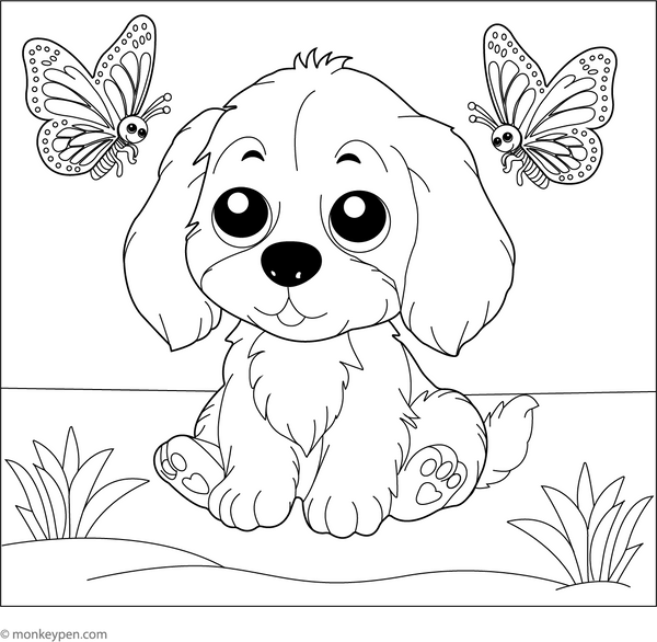 Puppy in Butterfly Garden Coloring Page – printable animal drawing for children