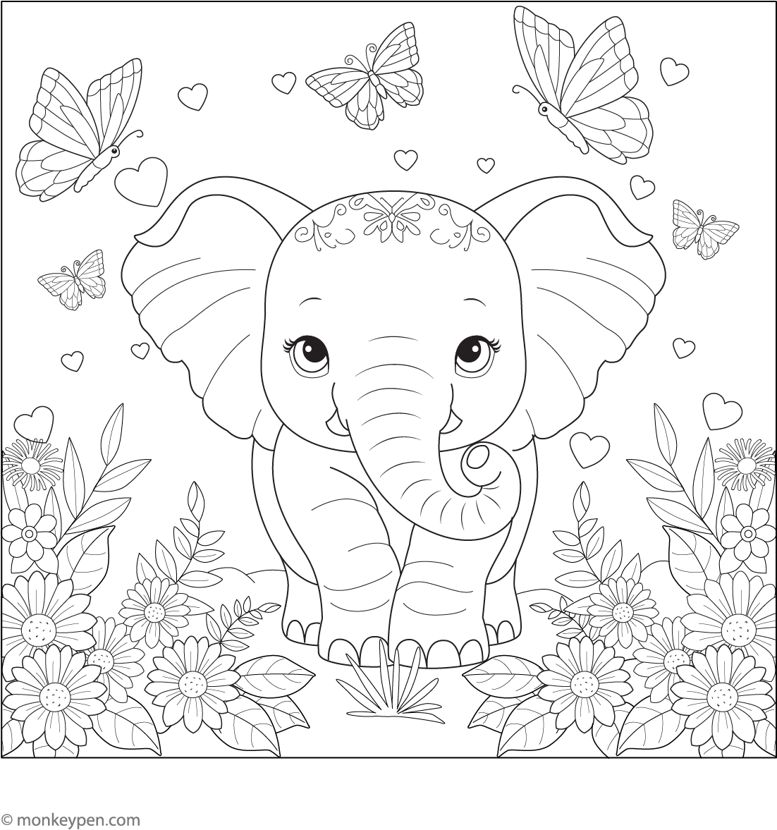 Elephant In Flower Garden Coloring Page