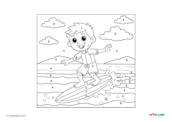 Downloadable color-by-number worksheet of a surfer riding a wave, with numbered areas for surfboard, ocean, and surfer’s outfit.