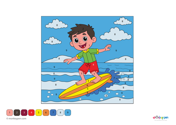 Downloadable color-by-number worksheet of a surfer riding a wave, with numbered areas for surfboard, ocean, and surfer’s outfit.
