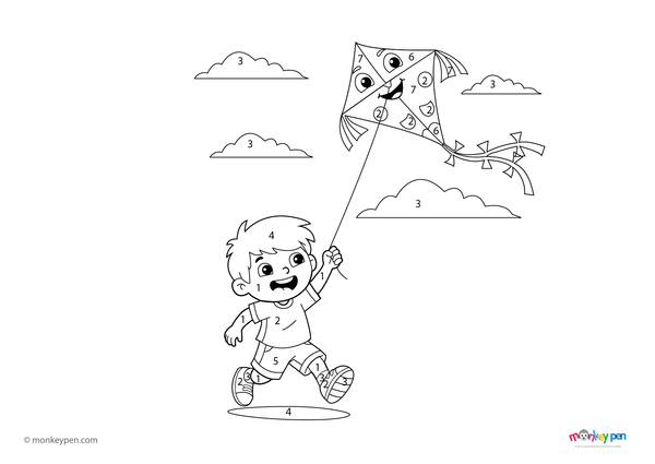 Color-by-number worksheet of a happy boy flying a kite – free download to color his outfit, kite, and breezy outdoor background.