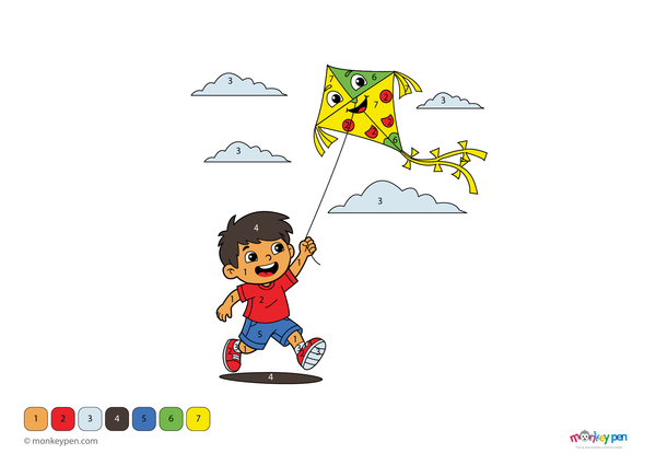 Color-by-number worksheet of a happy boy flying a kite – free download to color his outfit, kite, and breezy outdoor background.