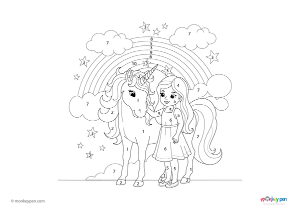 Downloadable color-by-number worksheet of a girl riding a unicorn, with numbered sections for hair, mane, stars, and clouds.