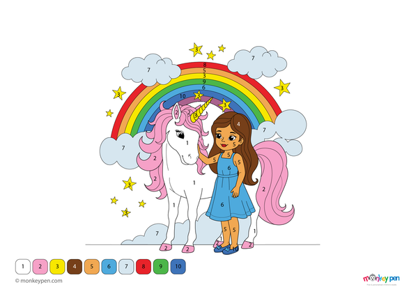 Downloadable color-by-number worksheet of a girl riding a unicorn, with numbered sections for hair, mane, stars, and clouds.