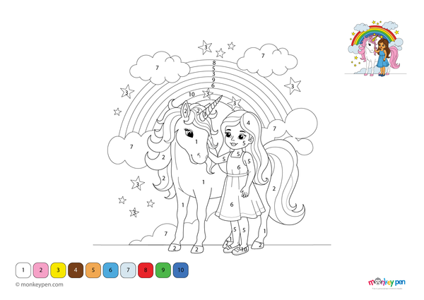 Downloadable color-by-number worksheet of a girl riding a unicorn, with numbered sections for hair, mane, stars, and clouds.