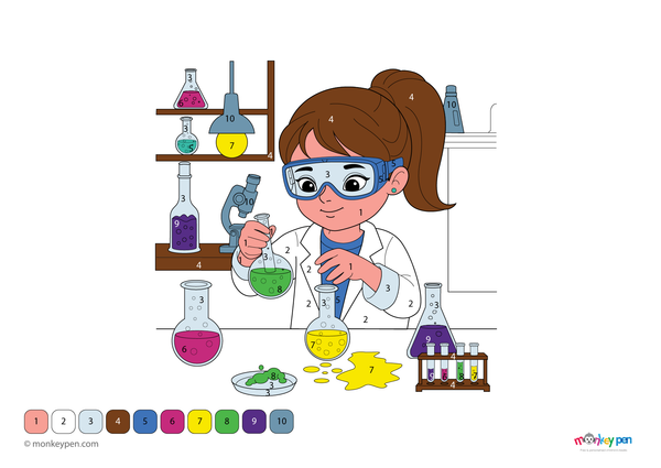 Color-by-number worksheet of a young girl scientist – free download to color her outfit, lab gear, and background elements.