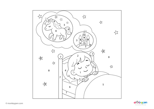 Downloadable color-by-number worksheet of a girl resting in bed, with numbered sections for pajamas, pillows, and cozy blanket.