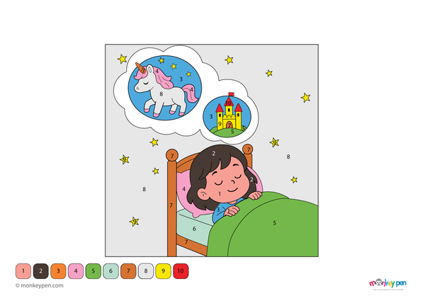 Downloadable color-by-number worksheet of a girl resting in bed, with numbered sections for pajamas, pillows, and cozy blanket.