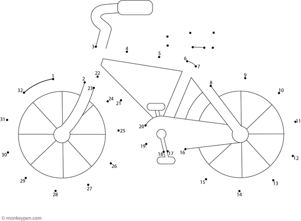 A child-friendly bicycle with handlebars and circular wheels appears as children connect numbered dots in this activity sheet.