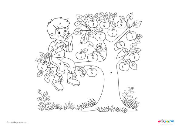 Color-by-number worksheet of a boy on a tree – free download to color his outfit, branches, and outdoor scenery.