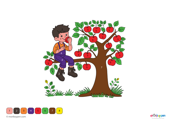 Color-by-number worksheet of a boy on a tree – free download to color his outfit, branches, and outdoor scenery.