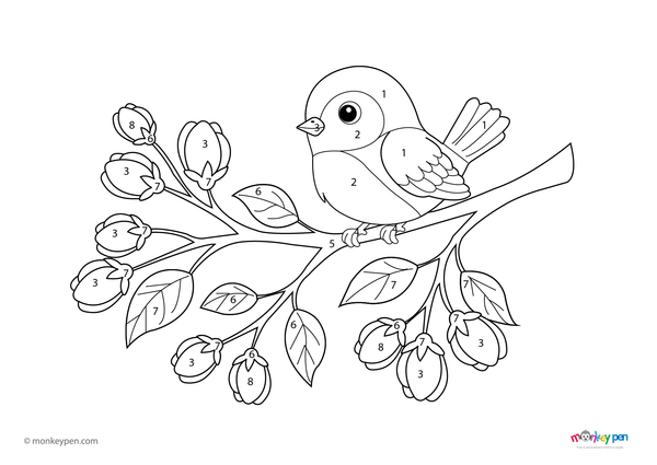 Downloadable color-by-number worksheet of a bird on a branch, with numbered sections for feathers, flowers, and leaves.