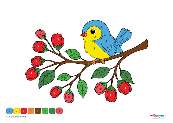 Downloadable color-by-number worksheet of a bird on a branch, with numbered sections for feathers, flowers, and leaves.