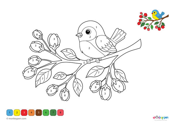 Downloadable color-by-number worksheet of a bird on a branch, with numbered sections for feathers, flowers, and leaves.