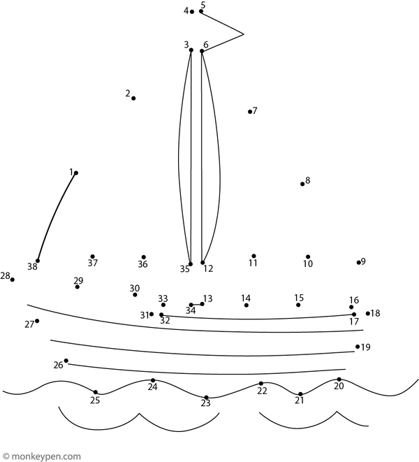 A small sailboat with a mast and curved hull appears as children complete the connect-the-dots activity.
