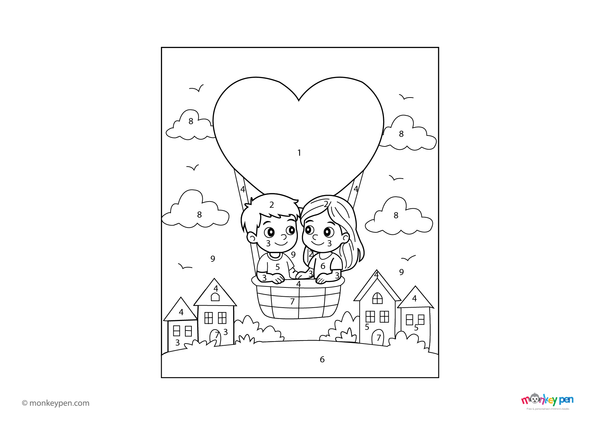 Downloadable color-by-number worksheet of a hot air balloon in the sky, with numbered areas for panels, basket, and clouds.