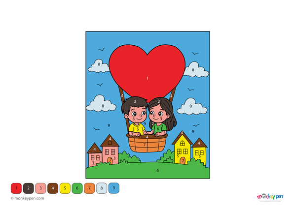 Downloadable color-by-number worksheet of a hot air balloon in the sky, with numbered areas for panels, basket, and clouds.