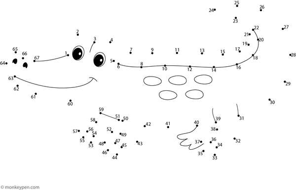 A smiling cartoon crocodile with a long tail appears as children complete the connect-the-dots puzzle.