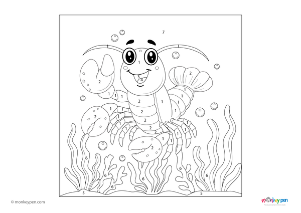 Color-by-number worksheet of a lobster with raised claws – free download to color shell, aquatic plants, and ocean floor.