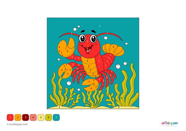 Color-by-number worksheet of a lobster with raised claws – free download to color shell, aquatic plants, and ocean floor.
