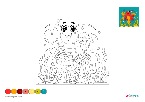 Color-by-number worksheet of a lobster with raised claws – free download to color shell, aquatic plants, and ocean floor.
