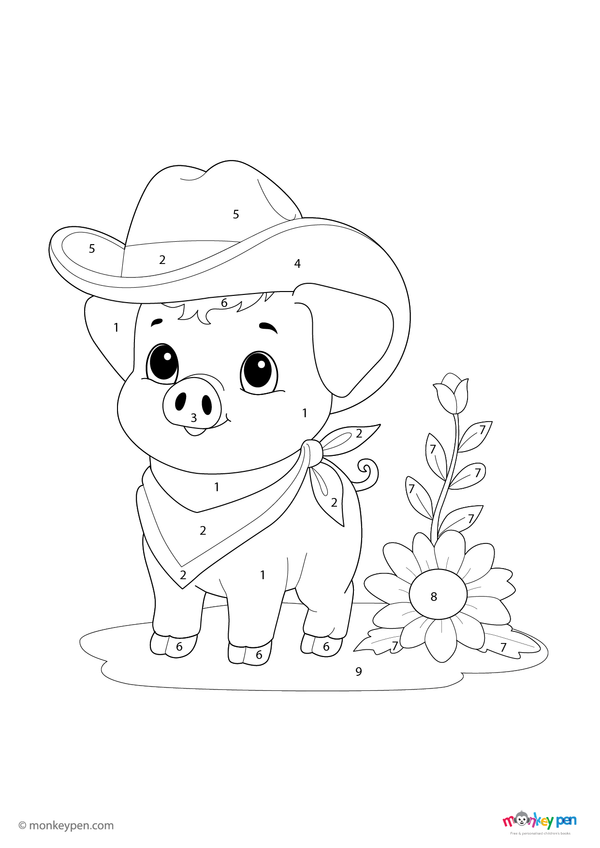 Downloadable color-by-number worksheet of a piglet beside a flower plant, with numbered areas for pink skin, hooves, and greenery.