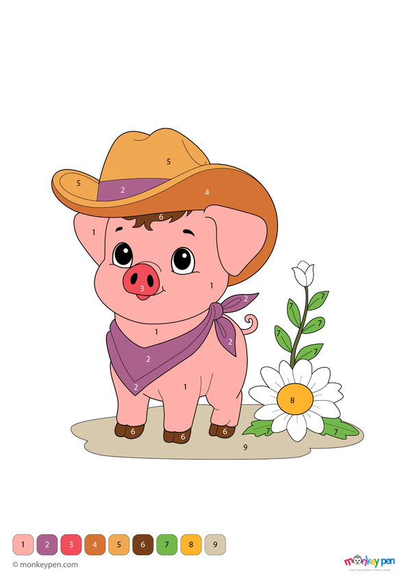 Downloadable color-by-number worksheet of a piglet beside a flower plant, with numbered areas for pink skin, hooves, and greenery.