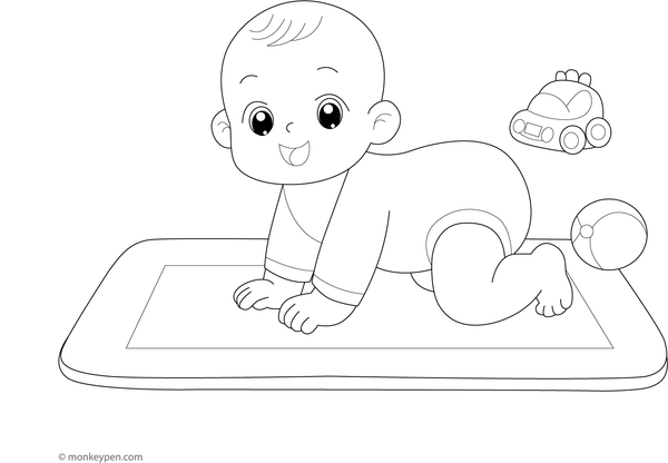 Baby crawling on a playmat with toys, ready to be colored.
