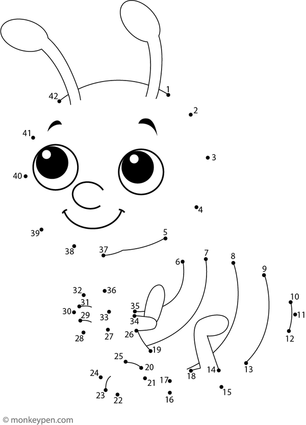 Dot-to-dot worksheet of a cartoon ant with antennae and legs for children to connect and color
