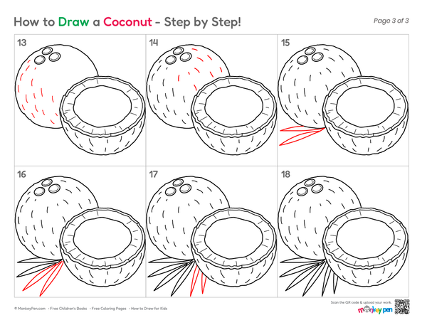 How to Draw a Coconut – Simple Step-by-Step Tropical Fruit Drawing for Kids