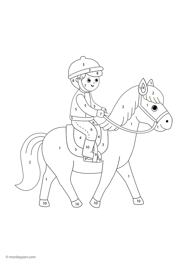 Downloadable horse rider color-by-number worksheet showing a young rider on horseback, with numbered sections on the horse’s mane, saddle, and the rider’s outfit—this free printable helps preschoolers learn numbers through creative coloring.
