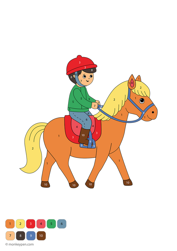 Downloadable horse rider color-by-number worksheet showing a young rider on horseback, with numbered sections on the horse’s mane, saddle, and the rider’s outfit—this free printable helps preschoolers learn numbers through creative coloring.