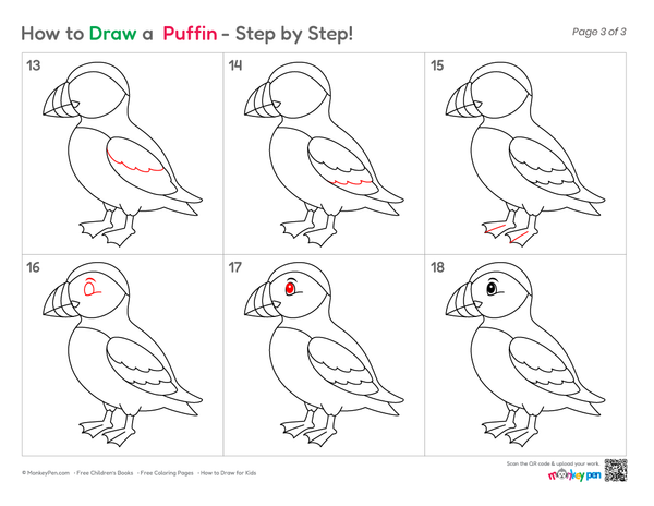 Easy Puffin drawing for children with simple shapes and fun details.