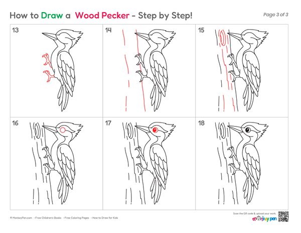 Cute woodpecker drawing for kids to learn.