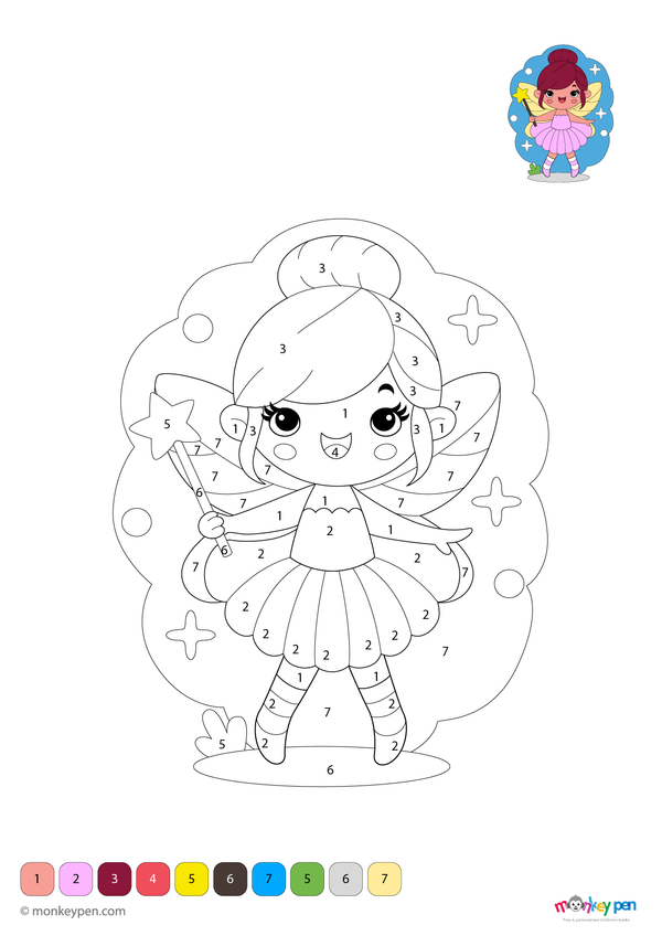 Color-by-number worksheet showing a fairy with a magic wand, with numbered sections for coloring the fairy’s dress and the enchanted background.