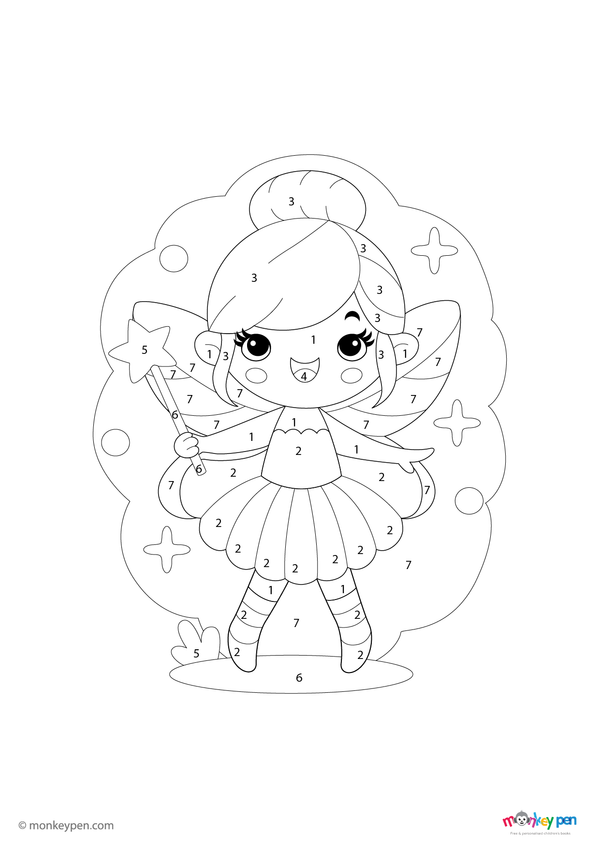 Color-by-number worksheet showing a fairy with a magic wand, with numbered sections for coloring the fairy’s dress and the enchanted background.