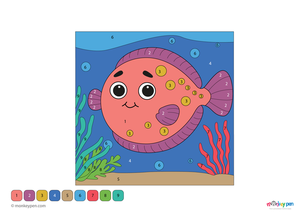 Color-by-number worksheet of a flounder fish swimming near the seabed – free download to color flat body, sand, and marine plants.