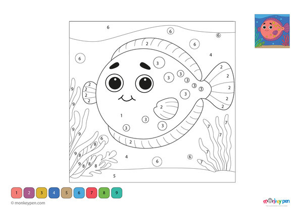 Color-by-number worksheet of a flounder fish swimming near the seabed – free download to color flat body, sand, and marine plants.