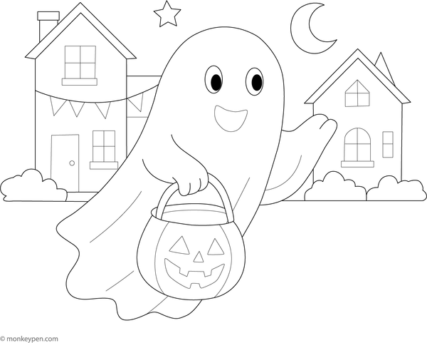 Ghost walking with a candy bag, ready to be coloured.