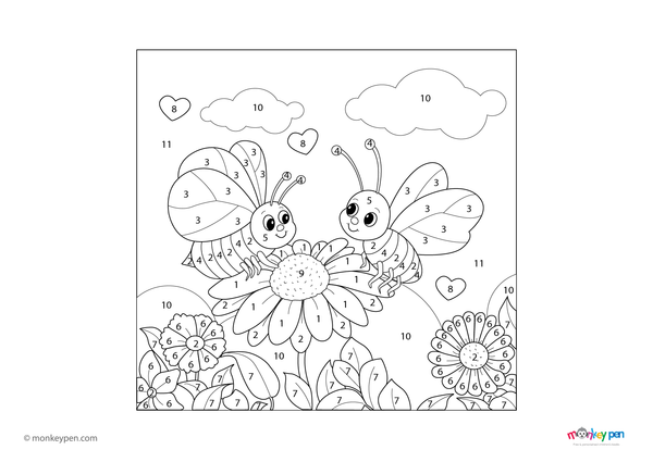 Downloadable color-by-number worksheet of bees in a garden, with numbered areas for yellow and black stripes, flowers, and greenery.
