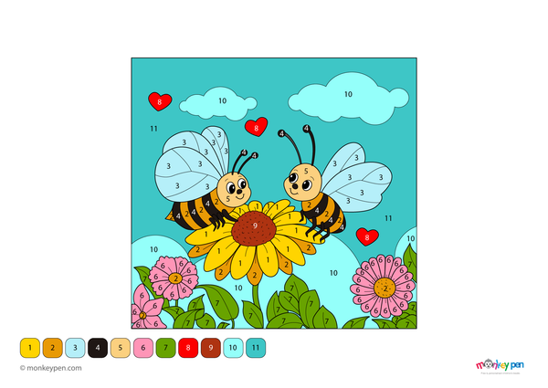 Downloadable color-by-number worksheet of bees in a garden, with numbered areas for yellow and black stripes, flowers, and greenery.