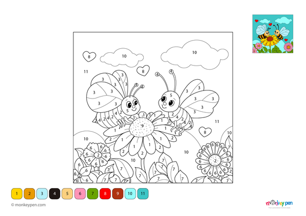 Downloadable color-by-number worksheet of bees in a garden, with numbered areas for yellow and black stripes, flowers, and greenery.