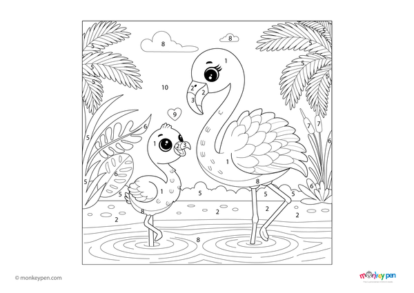 Color-by-number worksheet of a graceful flamingo – free download to color feathers, slender legs, and calm pond background.