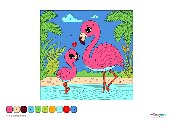 Color-by-number worksheet of a graceful flamingo – free download to color feathers, slender legs, and calm pond background.