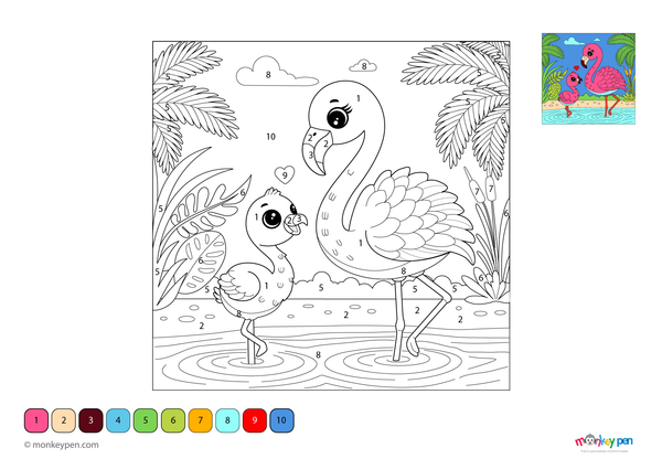 Color-by-number worksheet of a graceful flamingo – free download to color feathers, slender legs, and calm pond background.